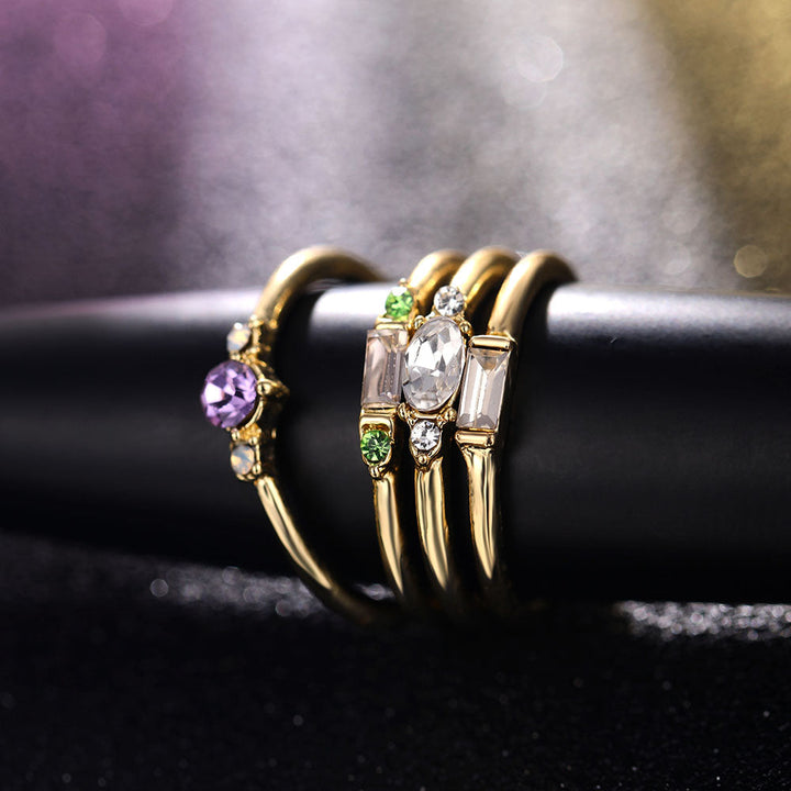 BowLift | Geometric Gold Color Combination Round Zircon Crystal Rings Set