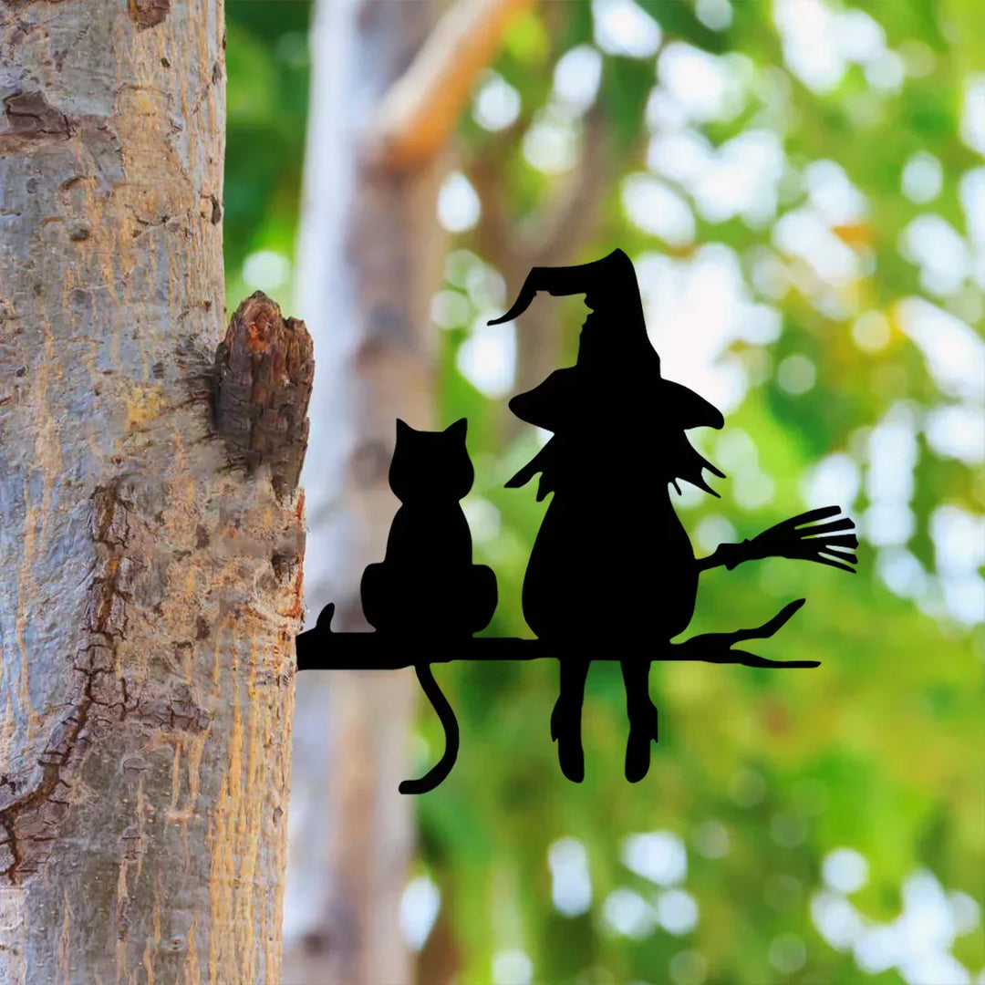 BowLift | Witches Cat Garden Statue – Metal Witch & Cat Silhouette for Outdoors