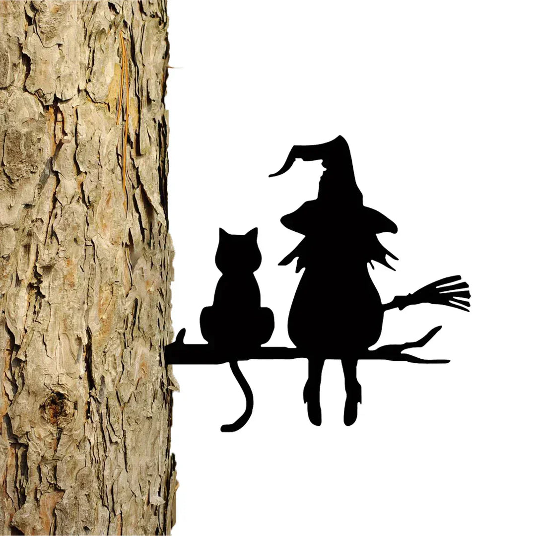 BowLift | Witches Cat Garden Statue – Metal Witch & Cat Silhouette for Outdoors