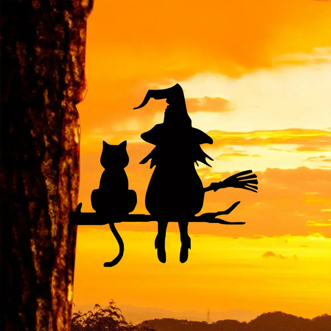 BowLift | Witches Cat Garden Statue – Metal Witch & Cat Silhouette for Outdoors