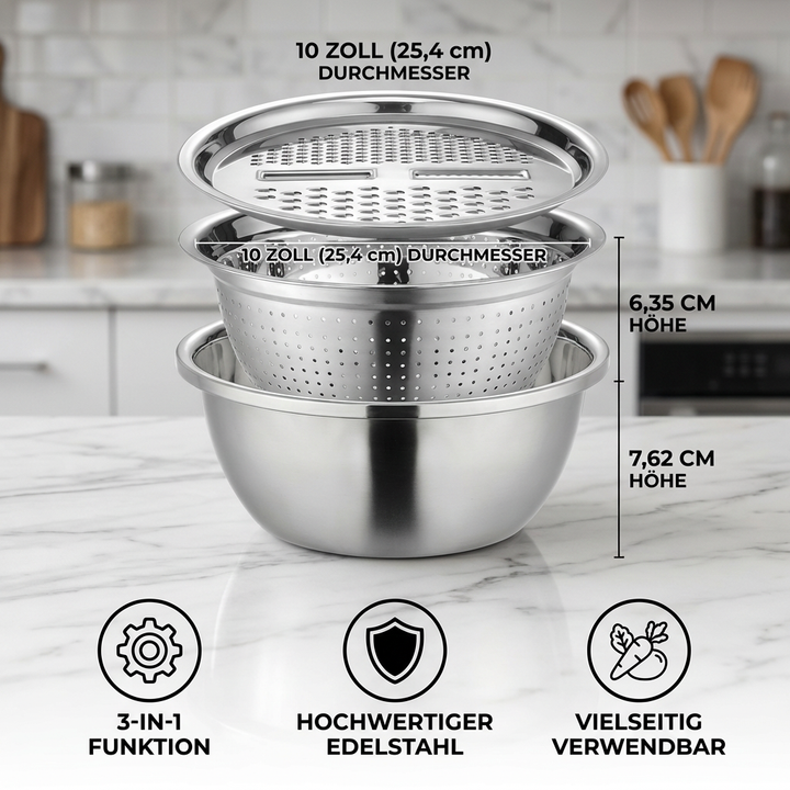 Vegetable cutter set with grater, sieve, and mixing bowl | Bowlift