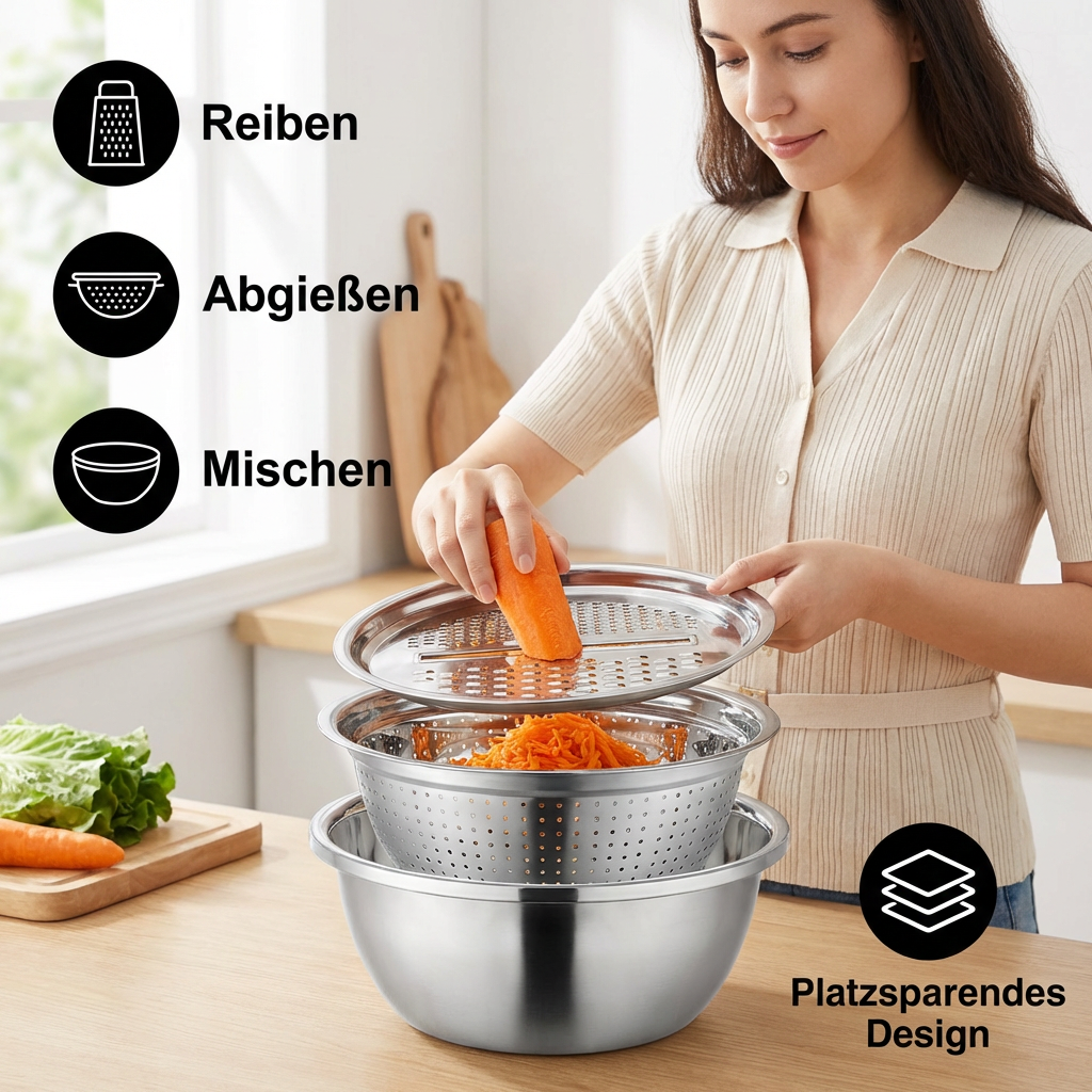 Vegetable cutter set with grater, sieve, and mixing bowl | Bowlift