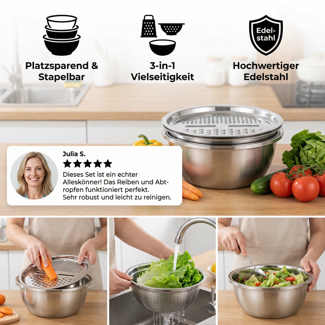 Vegetable cutter set with grater, sieve, and mixing bowl | Bowlift