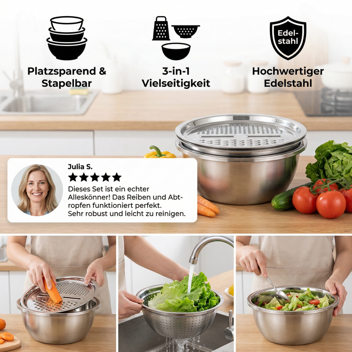 Vegetable cutter set with grater, sieve, and mixing bowl | Bowlift