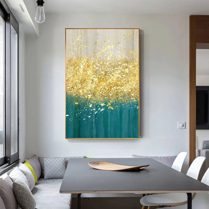 Jade Blue Bright Golden Rain Wall Art Fine Art Canvas Prints Auspicious Abstract Pictures For Living Room Dining Room Home Office Decor | Bowlift