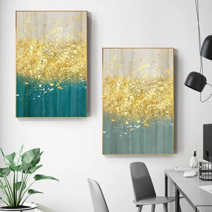 Jade Blue Bright Golden Rain Wall Art Fine Art Canvas Prints Auspicious Abstract Pictures For Living Room Dining Room Home Office Decor | Bowlift