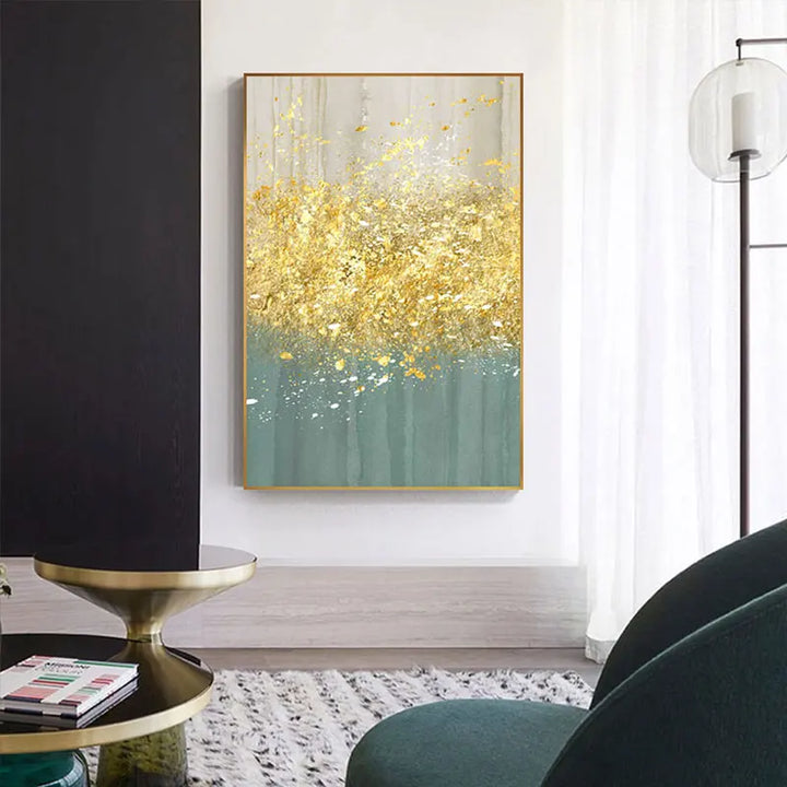 Jade Blue Bright Golden Rain Wall Art Fine Art Canvas Prints Auspicious Abstract Pictures For Living Room Dining Room Home Office Decor | Bowlift
