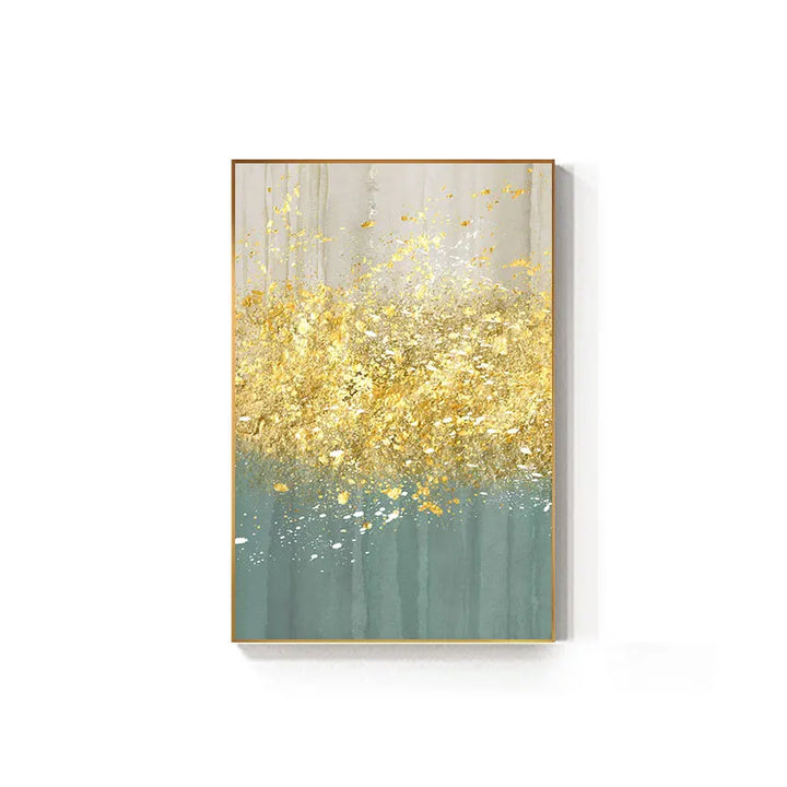 Jade Blue Bright Golden Rain Wall Art Fine Art Canvas Prints Auspicious Abstract Pictures For Living Room Dining Room Home Office Decor | Bowlift