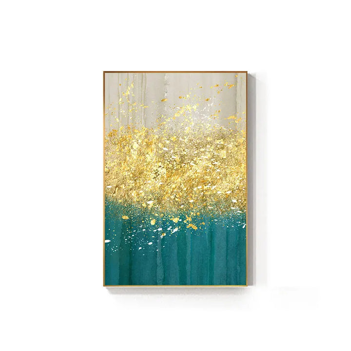 Jade Blue Bright Golden Rain Wall Art Fine Art Canvas Prints Auspicious Abstract Pictures For Living Room Dining Room Home Office Decor | Bowlift