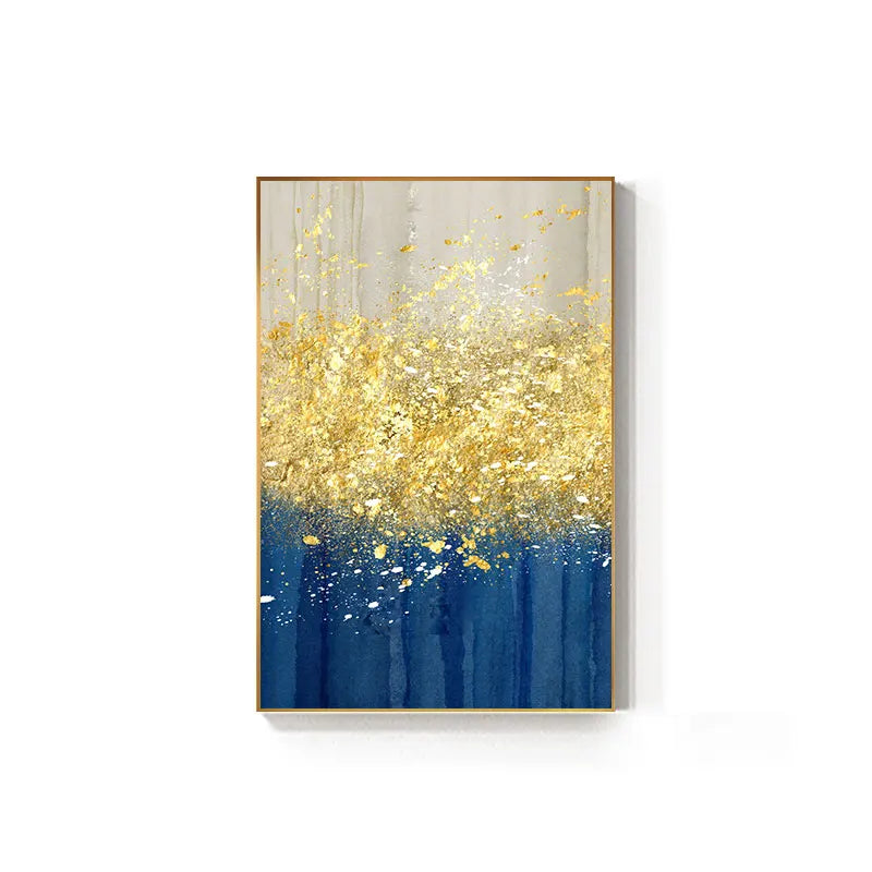 Jade Blue Bright Golden Rain Wall Art Fine Art Canvas Prints Auspicious Abstract Pictures For Living Room Dining Room Home Office Decor | Bowlift