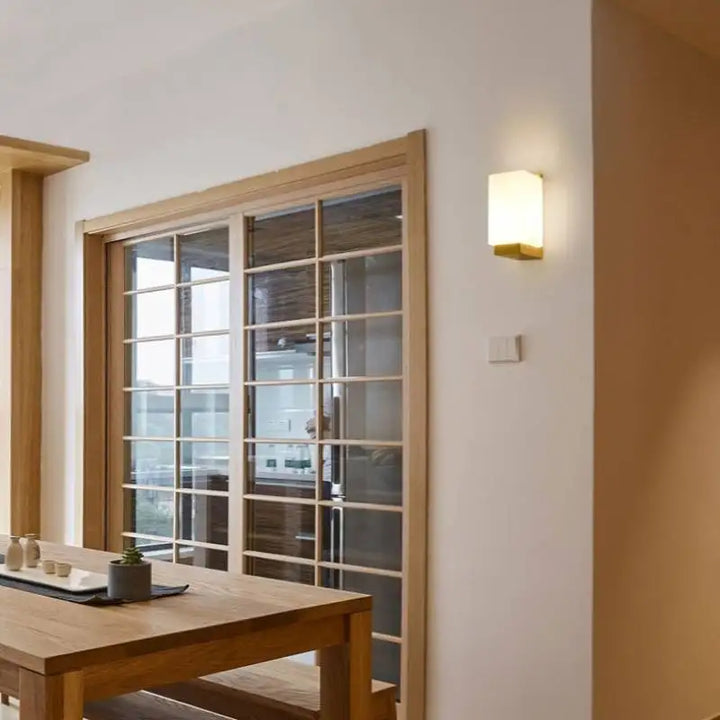 Japanese wall lamp made of wood for bedroom – Minimalist lamp with natural lighting | Bowlift