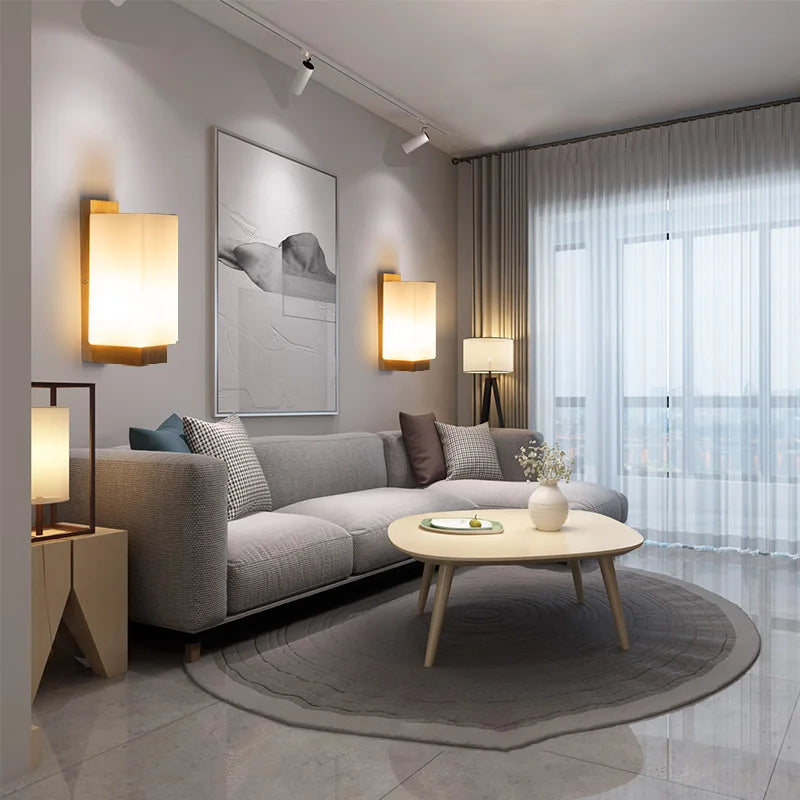 Japanese wall lamp made of wood for bedroom – Minimalist lamp with natural lighting | Bowlift