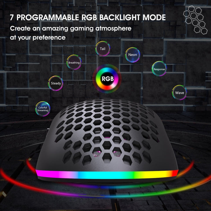 BowLift | HXSJ T66 7 Button Colorful Lighting Programmable Gaming Wireless Mouse (White)