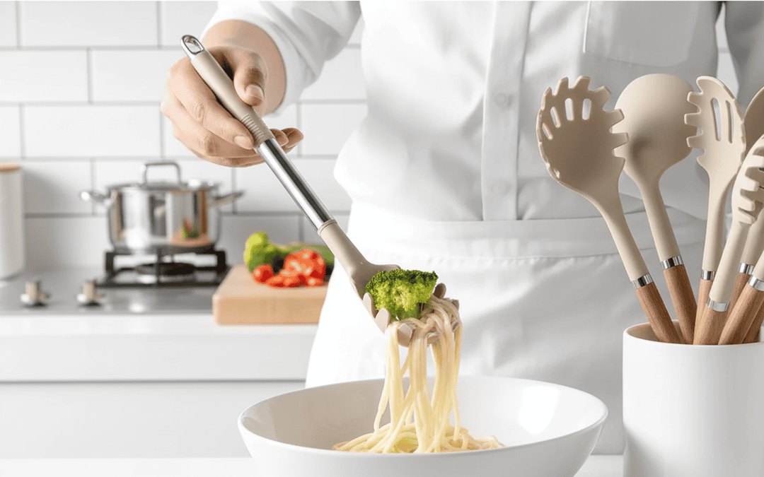 BowLift | Kitchen utensil set in wood look with soft silicone tips