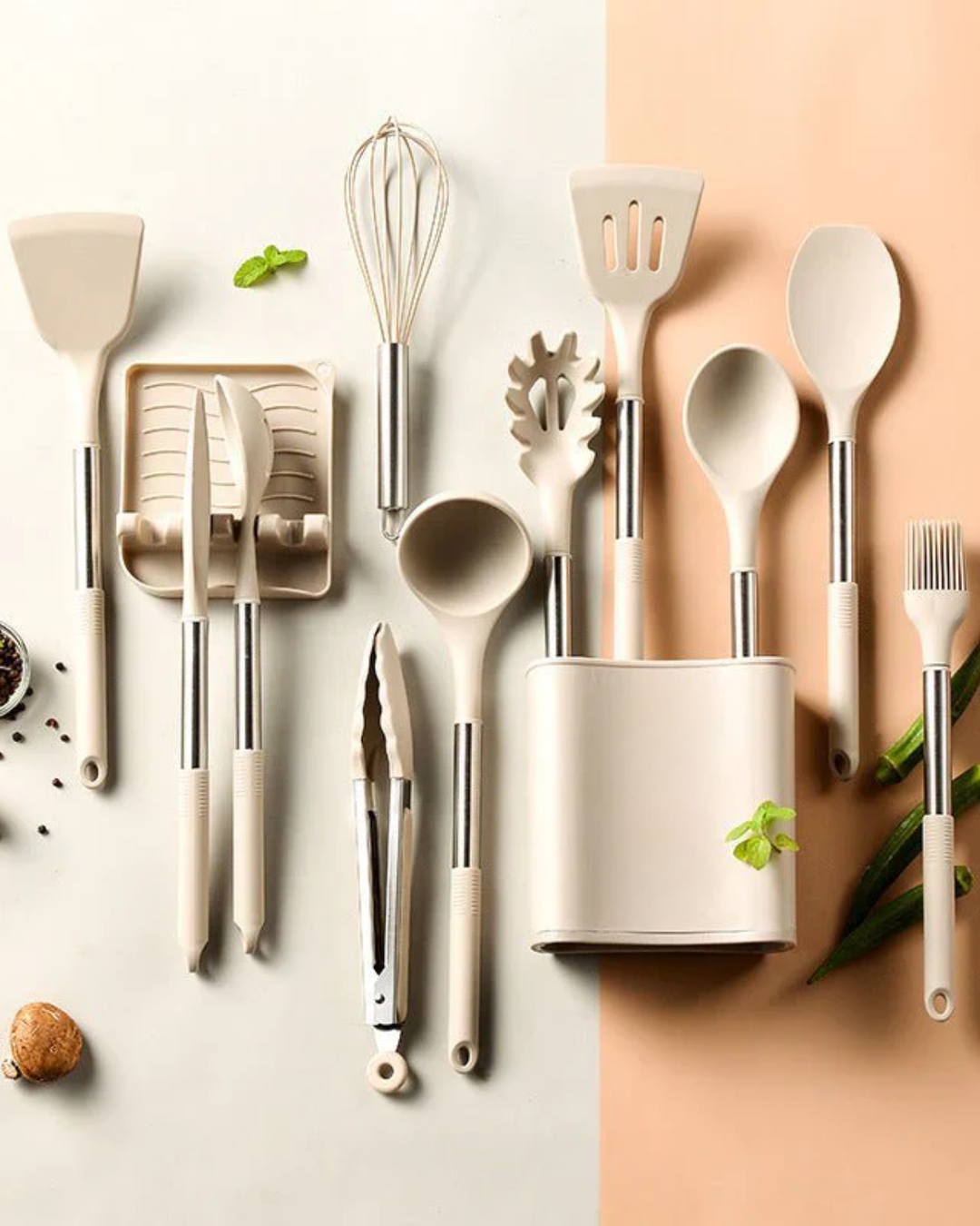 BowLift | Kitchen utensil set in wood look with soft silicone tips