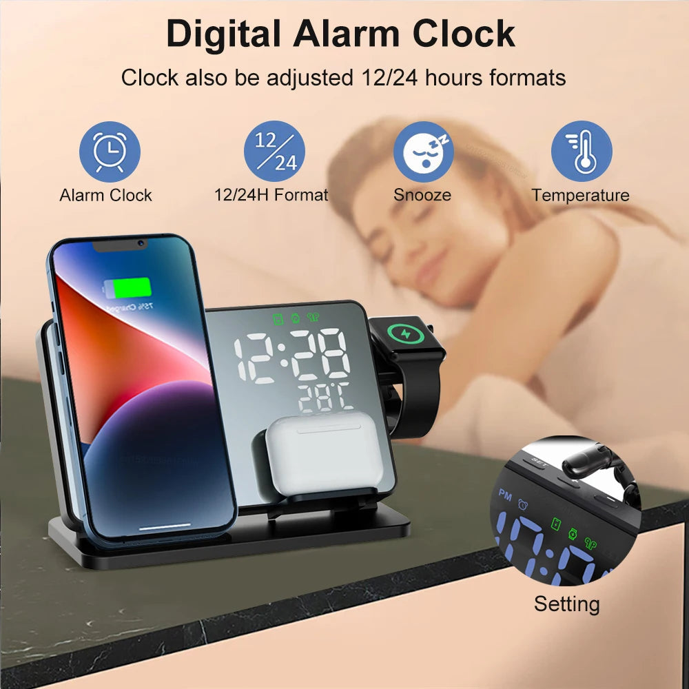 BowLift | 3-in-1 Quick Charge Station | Premium Wireless Fast Charging Docking Station with Alarm Clock | for Apple iPhone, Watch & AirPods