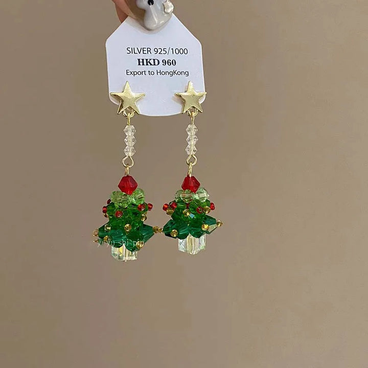 BowLift | Frostella Kerstboom Oorbellen – Handgemaakte Glaskralen met Ster & Strik Detail, Feestelijke Elegantiesieraden