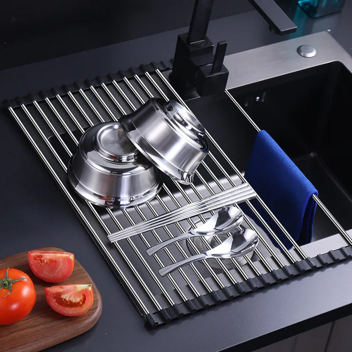 Draining rack for the kitchen made of stainless steel – SinkRack – foldable – for pans and other dishes – draining board Bowlift