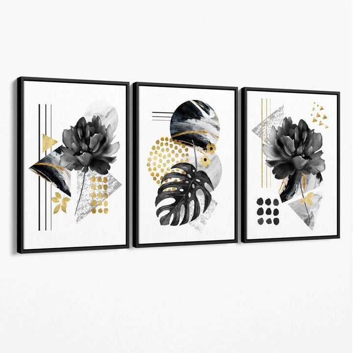 Abstract Black and Gold Set of 3 Floral Canvas Wall Art | Bowlift