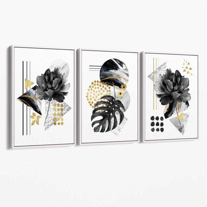 Abstract Black and Gold Set of 3 Floral Canvas Wall Art | Bowlift