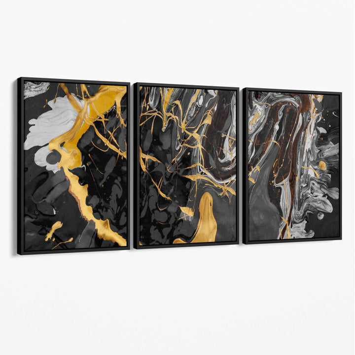 Abstract Black and Yellow Art Set of 3 Canvases | Bowlift