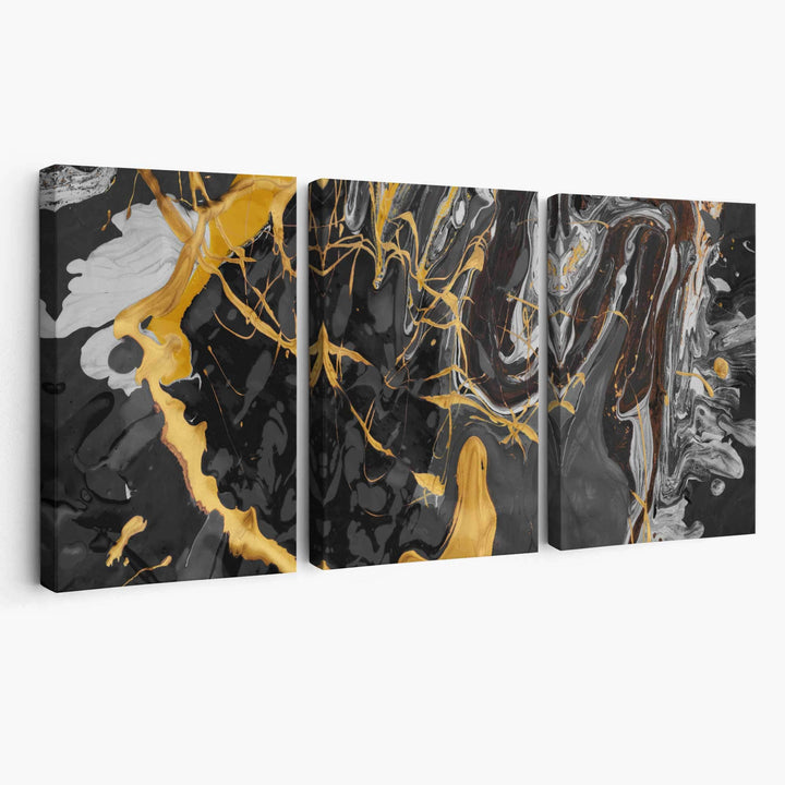 Abstract Black and Yellow Art Set of 3 Canvases | Bowlift
