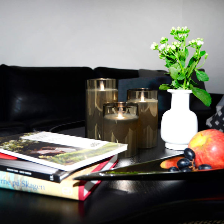 LED Candle in Glass with Moving Flame and Remote Control - Gold - 3 Pieces | Bowlift