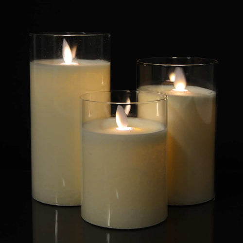 LED Candle in Glass with Moving Flame and Remote Control -White- 3 pieces. | Bowlift