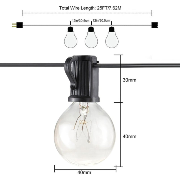 BowLift | G40-EU-25 G40 7.6m 175W E12 IP44 waterproof Retro Filament light bulbs string, 25 light bulbs LED decorative lamp for garden, construction, bar, party, wedding, AC 220V, EU plug (Warm White)