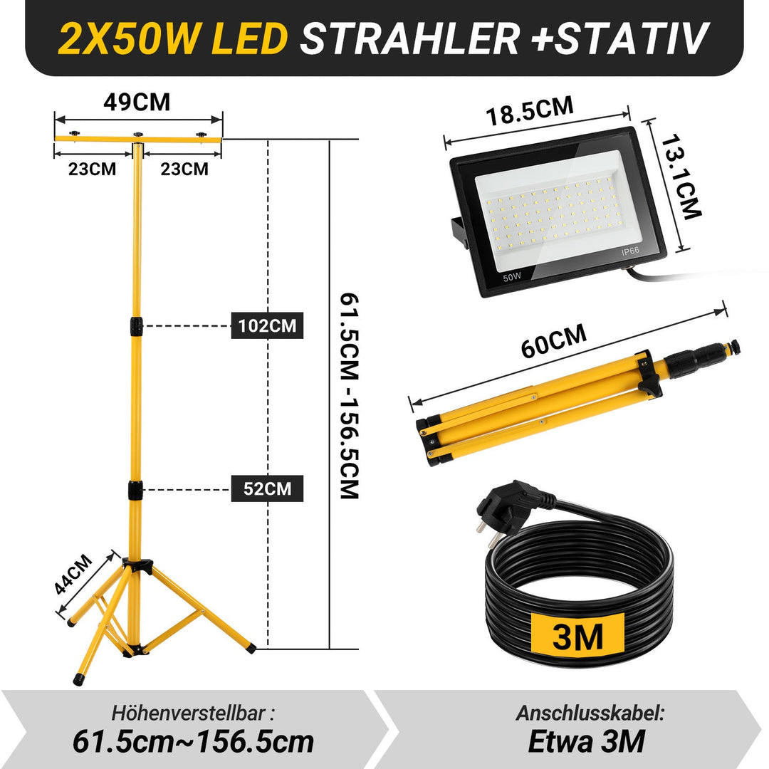 LED Construction Spotlight 2 x 50W/100W/200W with Tripod Adjustable | Bowlift