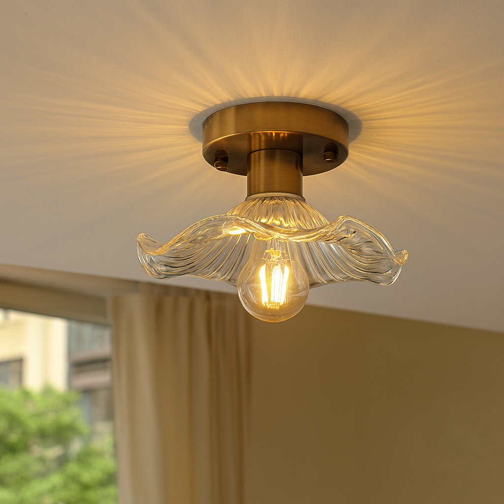 BowLift | Hibiscus Ceiling Lamp with Green Glass and Brass Finish – Modern LED Lamp for Living Room and Bedroom