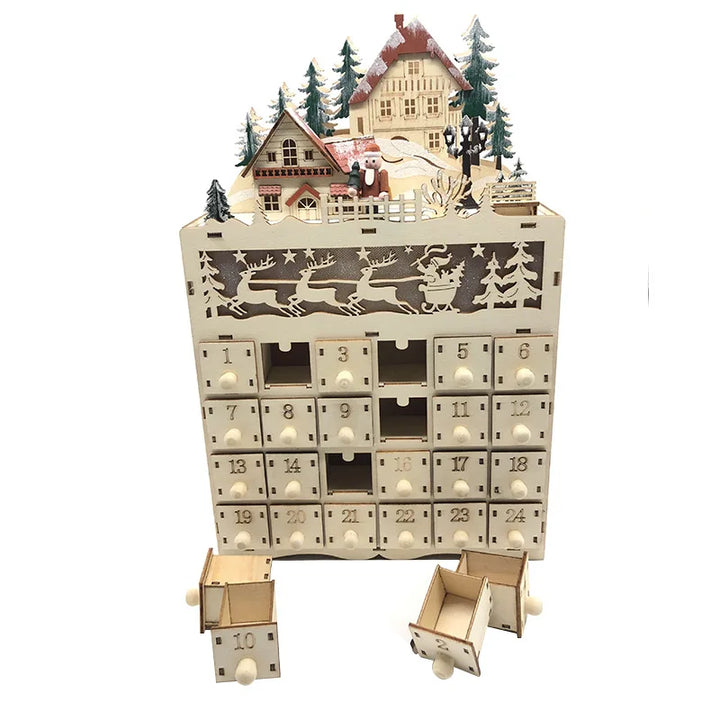 BowLift | LumiFest Houten Adventskalender – 24 Vakjes met Warm LED-Licht & Kerstsfeer