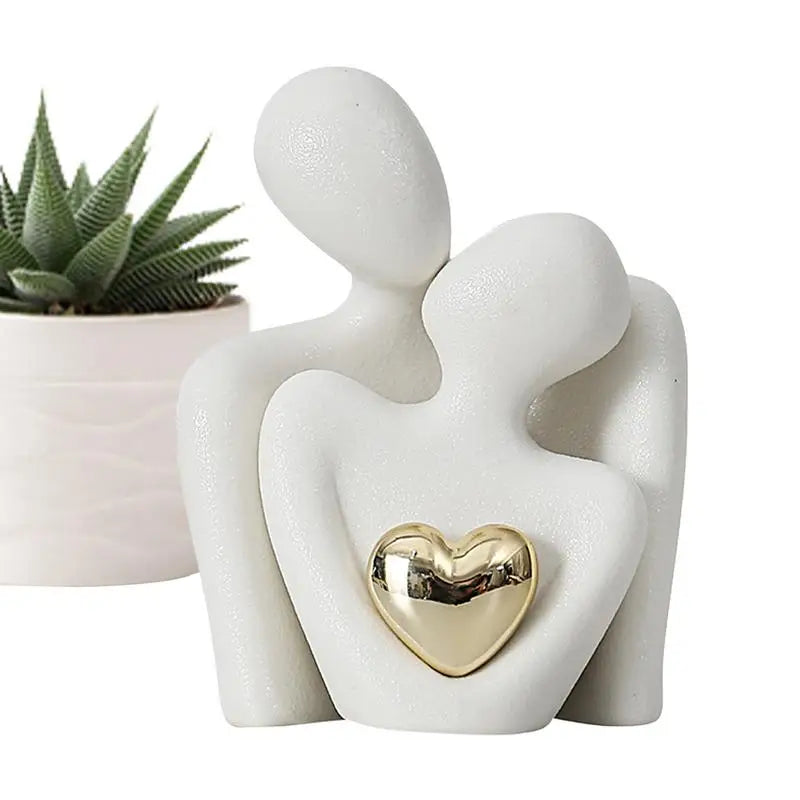 Lovers Sculpture Minimalist Nordic Abstract Ceramic Figurine Art with Golden Heart Accent | Bowlift