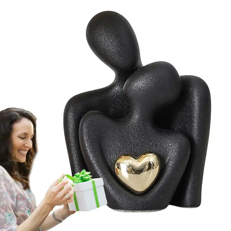 Lovers Sculpture Minimalist Nordic Abstract Ceramic Figurine Art with Golden Heart Accent | Bowlift