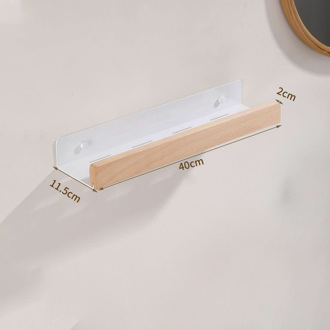 BowLift | Woodify Towel Rack – No-Drill Wall-Mounted Shower Shelf with Wooden Accents