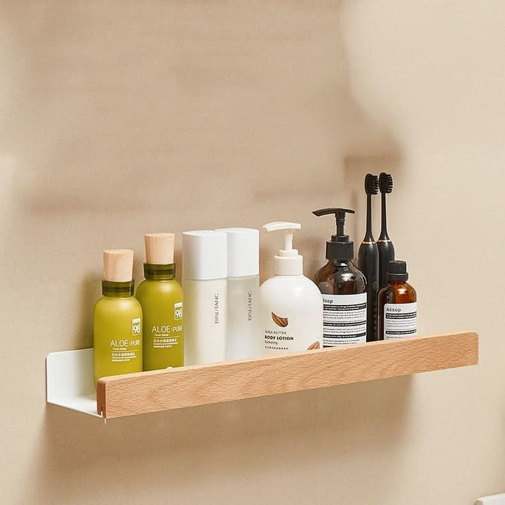 BowLift | Woodify Towel Rack – No-Drill Wall-Mounted Shower Shelf with Wooden Accents