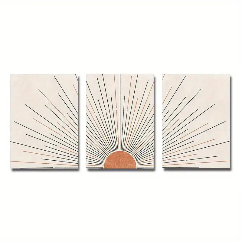 Minimalist Sun Rising Geometric Line Art Wall Art Fine Art Canvas Prints Pictures For Modern Apartment Living Room Bedroom Home Office Art Decor - Set of 3PCS | Bowlift