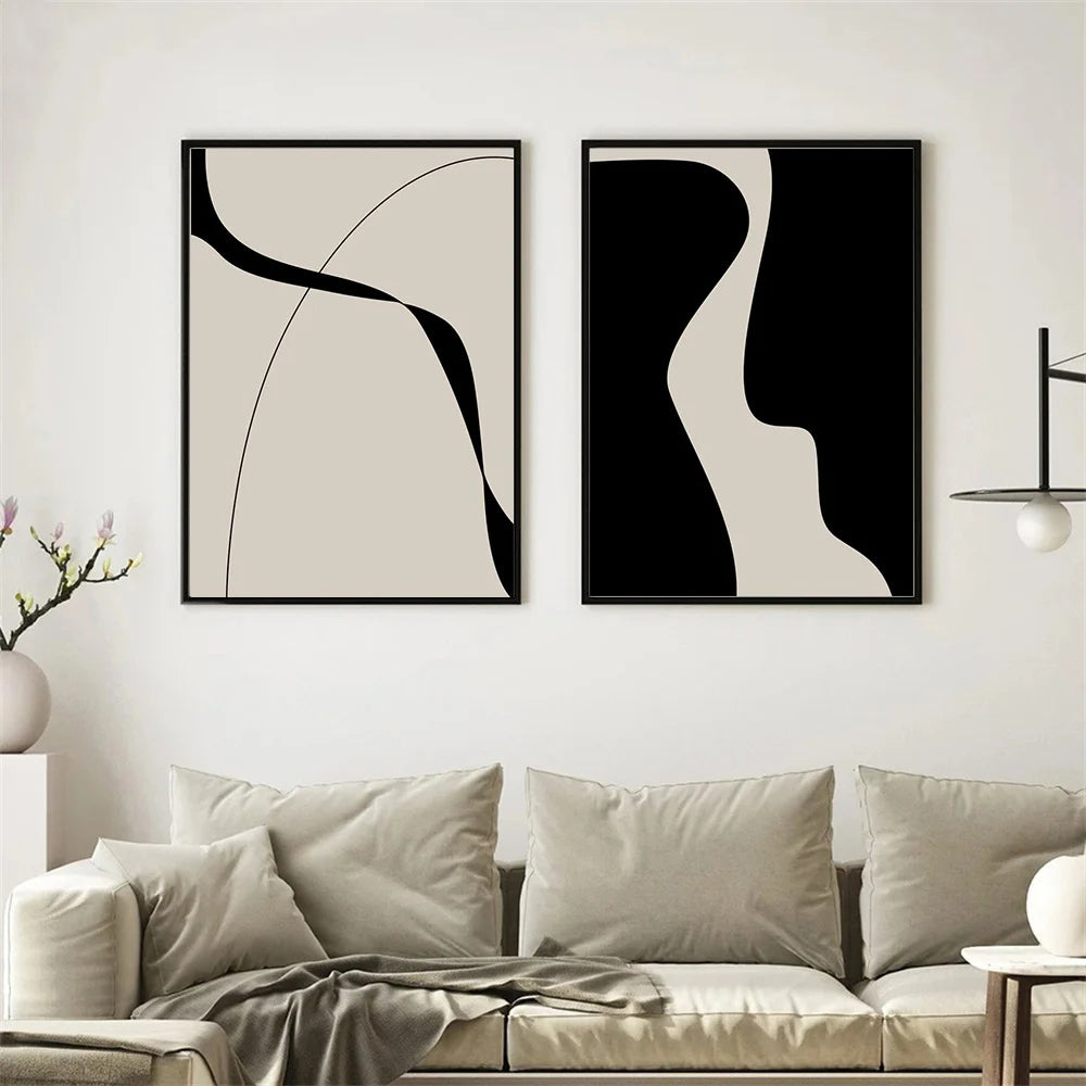 Modern Abstract Black Shape & Line Minimalist Wall Art Fine Art Canvas Prints Pictures For Modern Apartment Living Room Bedroom Art Decor | Bowlift