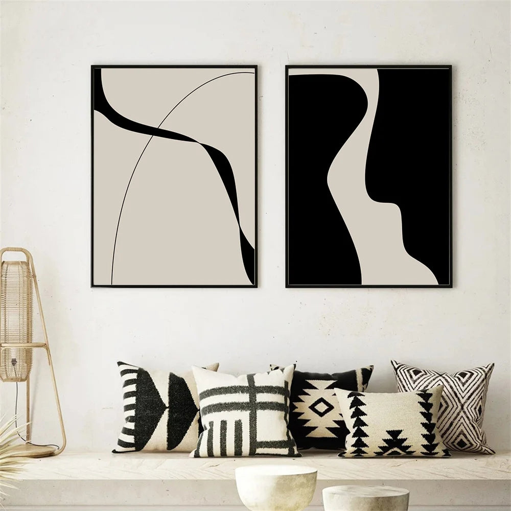 Modern Abstract Black Shape & Line Minimalist Wall Art Fine Art Canvas Prints Pictures For Modern Apartment Living Room Bedroom Art Decor | Bowlift