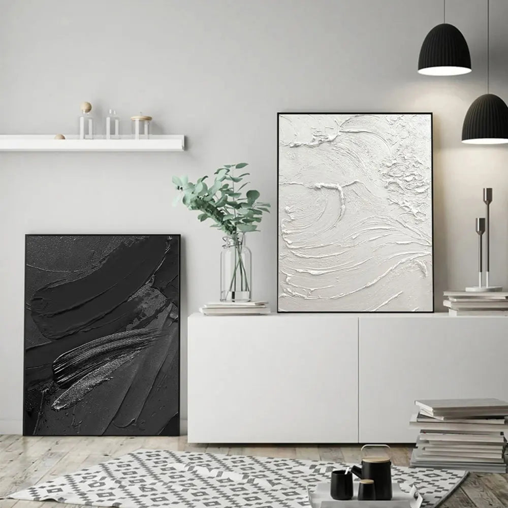 Modern Abstract Black & White Minimalist Wall Art Fine Art Canvas Prints Textural Design Pictures For Modern Loft Apartment Home Office Decor | Bowlift