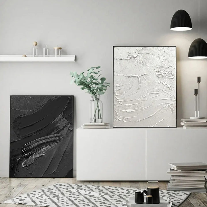Modern Abstract Black & White Minimalist Wall Art Fine Art Canvas Prints Textural Design Pictures For Modern Loft Apartment Home Office Decor | Bowlift
