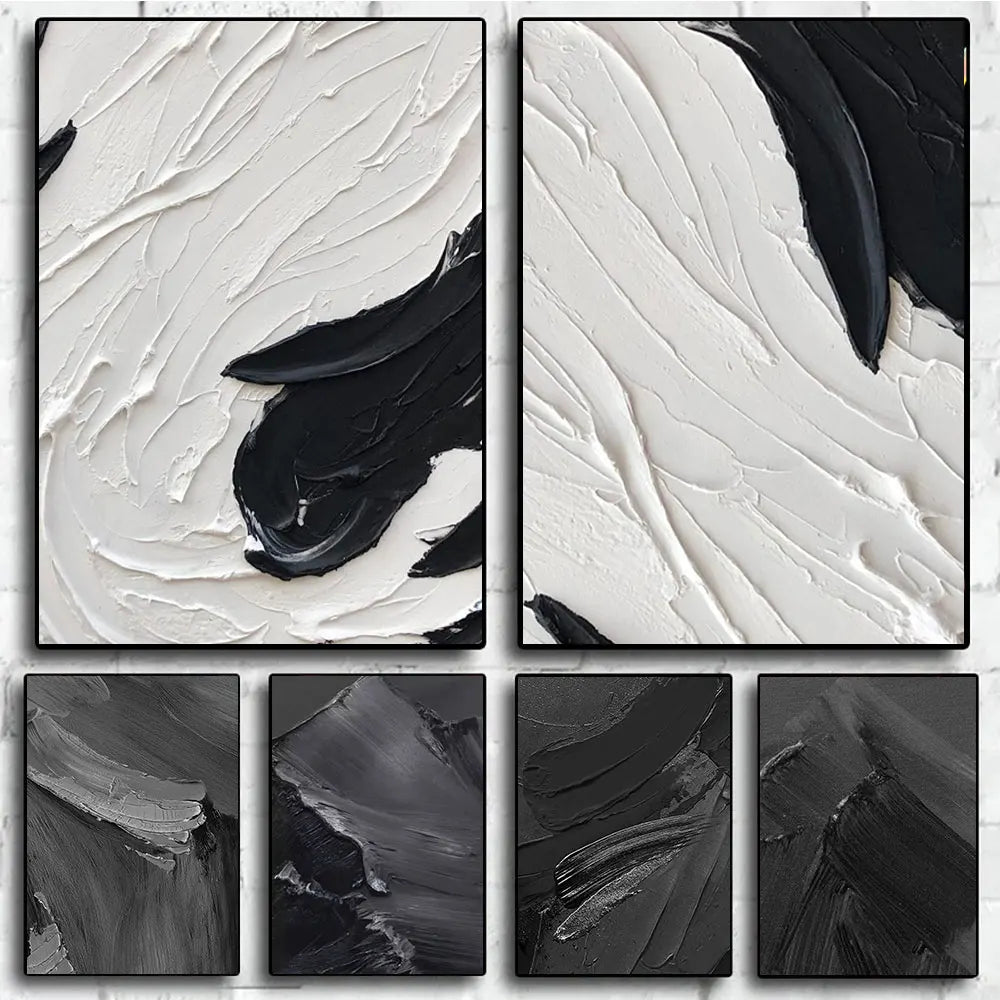Modern Abstract Black & White Minimalist Wall Art Fine Art Canvas Prints Textural Design Pictures For Modern Loft Apartment Home Office Decor | Bowlift