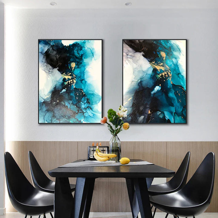 Modern Abstract Deep Blue Aqua Marble Print Wall Art Fine Art Canvas Prints Posters Pictures For Living Room Dining Room Art Decor | Bowlift