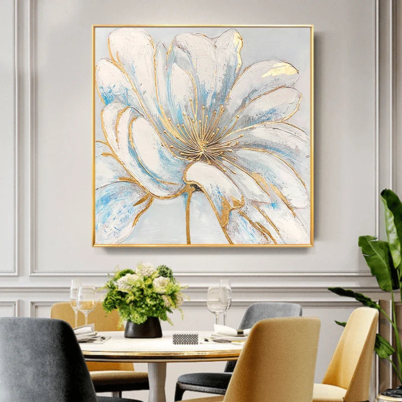 Modern Abstract Floral Wall Art Fine Art Canvas Prints Square Format White Golden Flower Pictures For Living Room Bedroom Art Decor | Bowlift