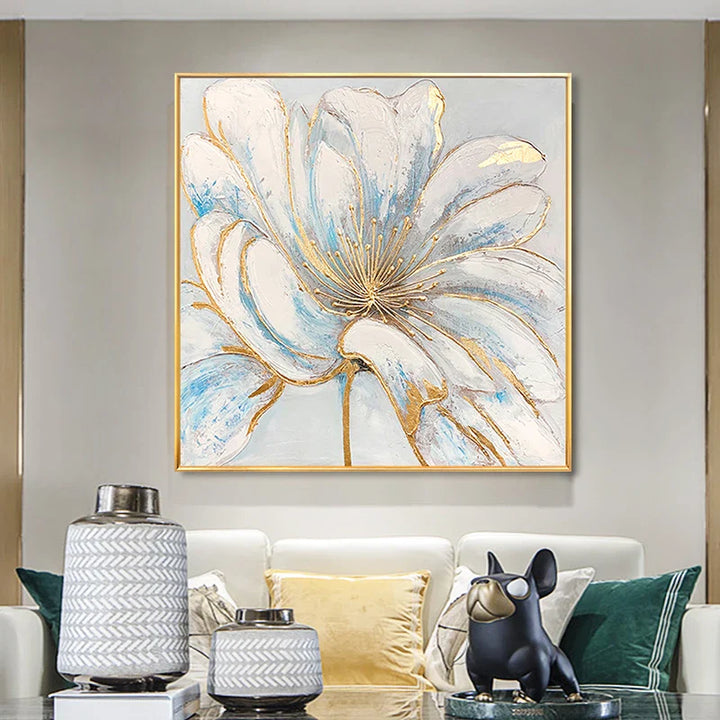 Modern Abstract Floral Wall Art Fine Art Canvas Prints Square Format White Golden Flower Pictures For Living Room Bedroom Art Decor | Bowlift