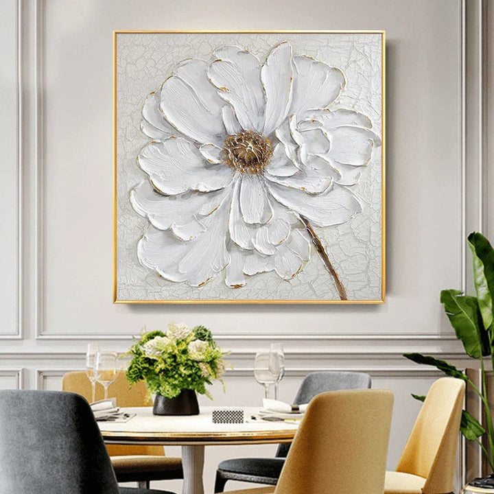 Modern Abstract Floral Wall Art Fine Art Canvas Prints Square Format White Golden Flower Pictures For Living Room Bedroom Art Decor | Bowlift