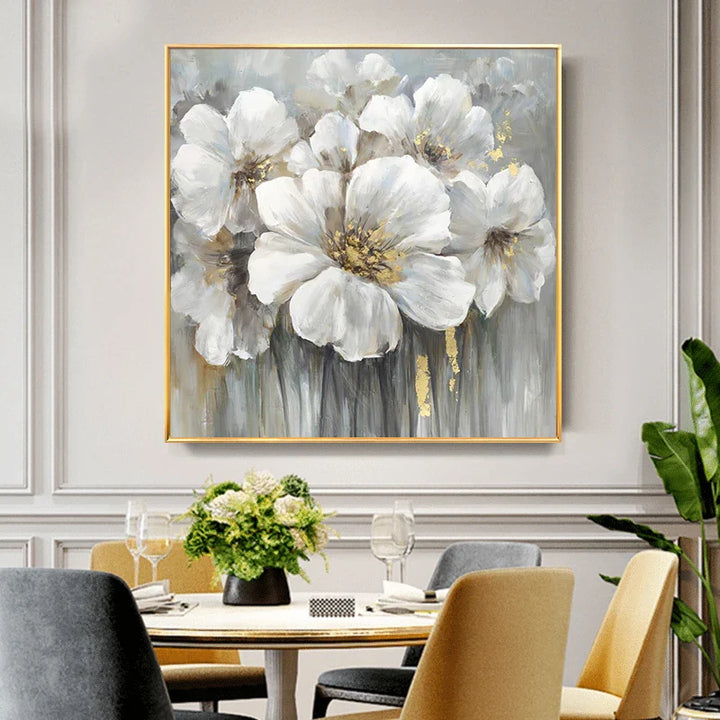 Modern Abstract Floral Wall Art Fine Art Canvas Prints Square Format White Golden Flower Pictures For Living Room Bedroom Art Decor | Bowlift