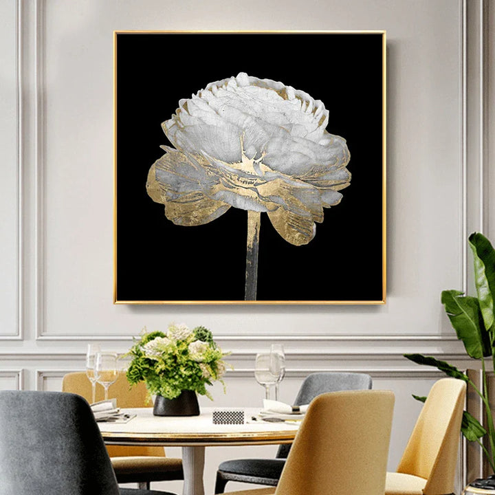 Modern Abstract Floral Wall Art Fine Art Canvas Prints Square Format White Golden Flower Pictures For Living Room Bedroom Art Decor | Bowlift