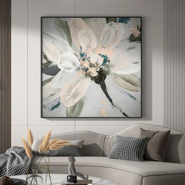 Modern Abstract Floral Wall Art Fine Art Canvas Prints Square Format White Golden Flower Pictures For Living Room Bedroom Art Decor | Bowlift