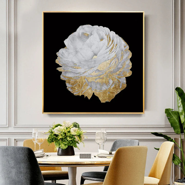 Modern Abstract Floral Wall Art Fine Art Canvas Prints Square Format White Golden Flower Pictures For Living Room Bedroom Art Decor | Bowlift